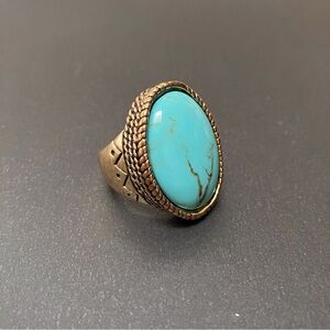 Vintage Turquoise Ring oval dome unisex gold tone engraved size 6